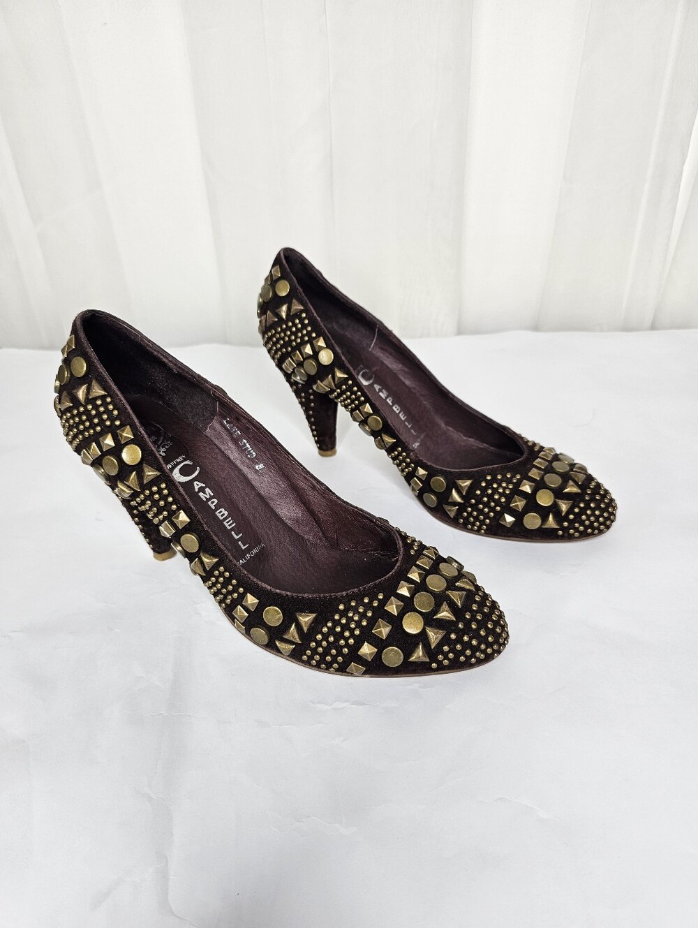 Jeffrey Campbell Lars Stud Brown Suede Pumps Gold Embellished Alm Heels Size 8